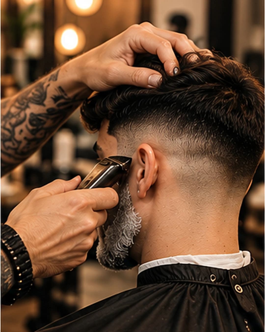 Barbero dando un degradado con máquina, en primer plano de manos y cabello