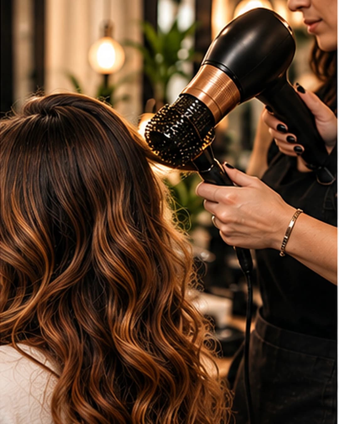 Estilista trabajando el cabello con una secadora
