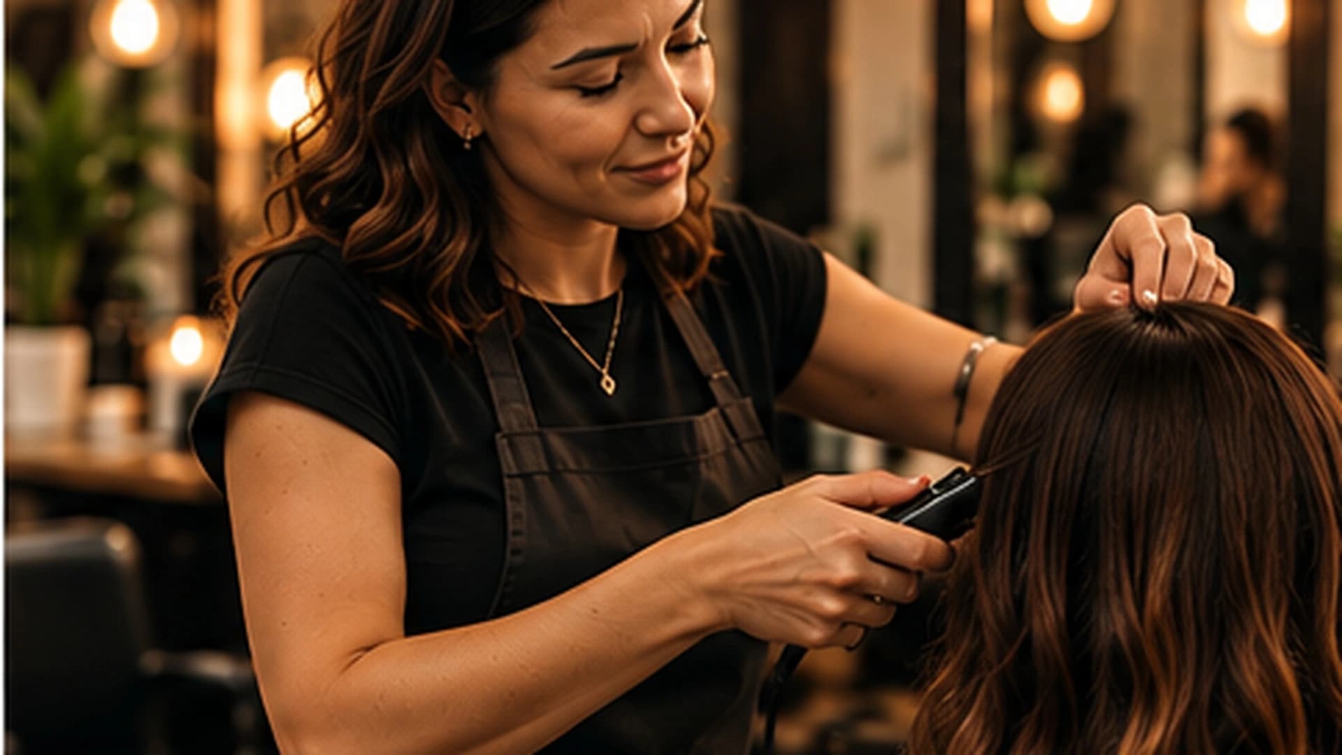 Estilista trabajando el cabello de una clienta en un salón de luz cálida